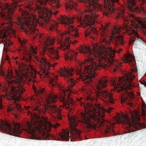 Notations Womens Jacket Red Petite Large Floral Zip Up Shoulder Pads Stretch PL - Picture 4 of 13